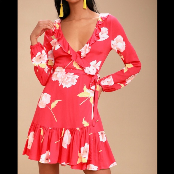 Billabong Dresses & Skirts - Billabong Ruff Girls Club Coral Red Wrap Dress S